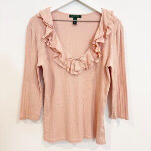 Ralph‎ Lauren Ruffle Blouse Top in Pink Western Boho Casual Girly Bow Size Large